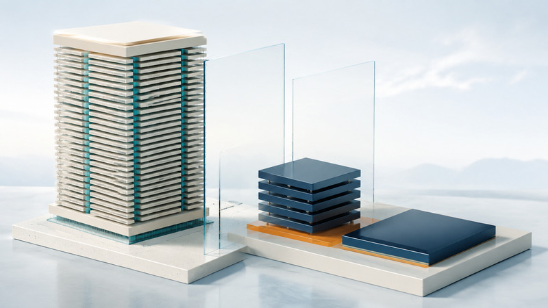 A tall ivory layered structure stands beside stacked navy chip-like slabs and a processor tile on an amber base.