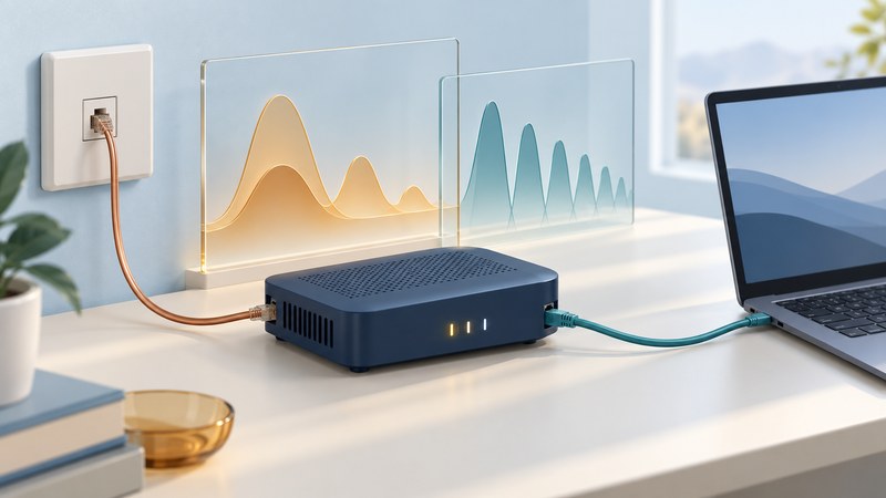 An ivory DSL modem connects to a wall jack and laptop beside a glass panel of abstract frequency bars.