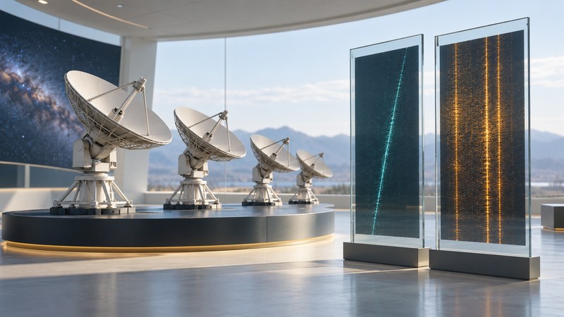 Four radio dish models stand beside two glass panels with abstract frequency-time patterns.