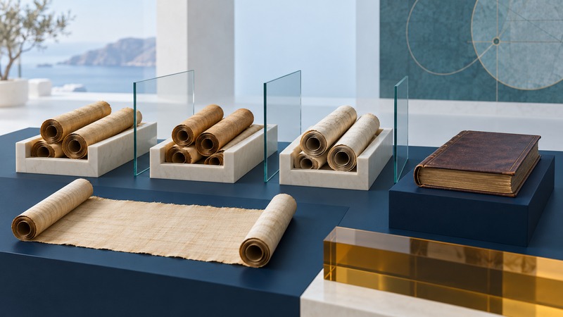 Grouped scrolls and blank papyrus sheets stand on a museum display beside a later bound book.