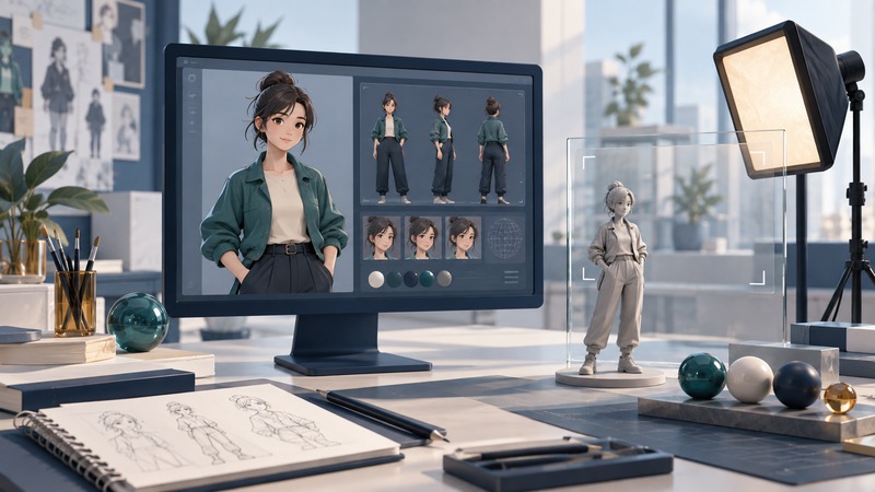 A 3D art workstation displaying a stylized adult character beside camera and lighting elements.