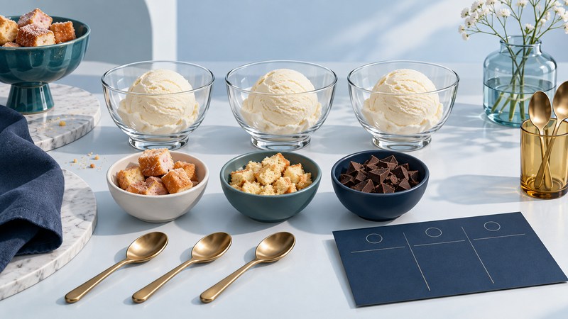 Three bowls of vanilla ice cream with separate cake, doughnut and chocolate mix-ins