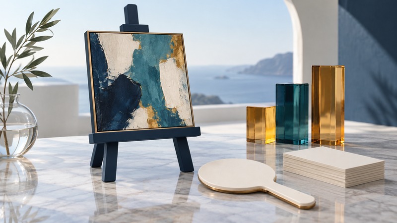 A miniature auction setting with a framed artwork and separate stacked cost components.