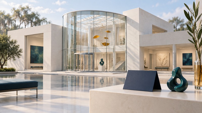 A conceptual ivory museum exterior with a curved glass entrance, a hanging mobile and a teal sculpture.