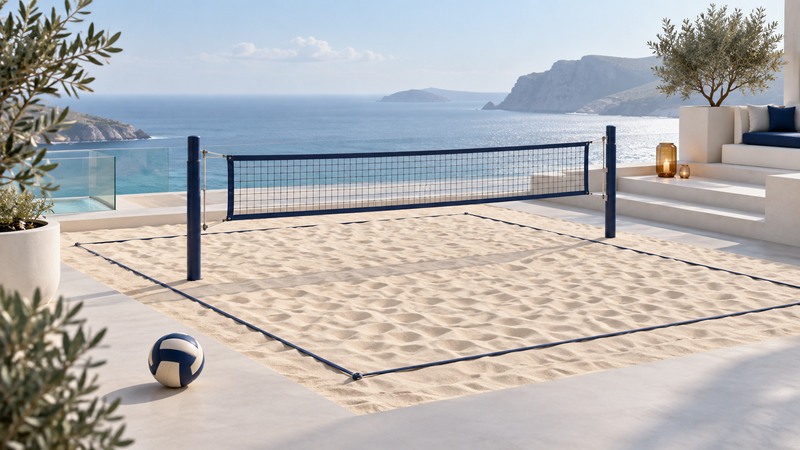 A miniature sand volleyball court with one central net, boundary ropes and a ball outside the sideline.