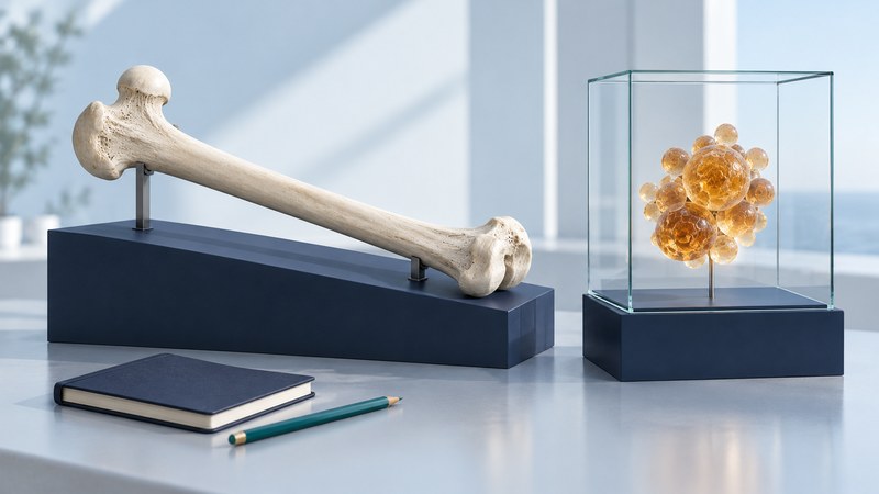 An ivory femur teaching model rests beside an abstract cellular sculpture in a glass case.
