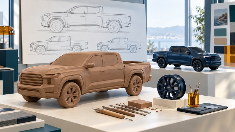 A clay pickup model with modeling tools, side-profile sketches and a finished blue scale model in a design studio.