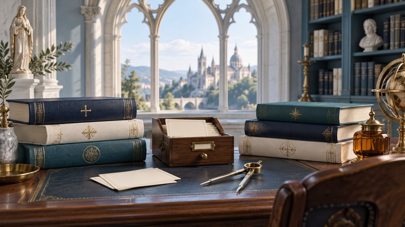 Reference books and a card catalogue in a quiet library