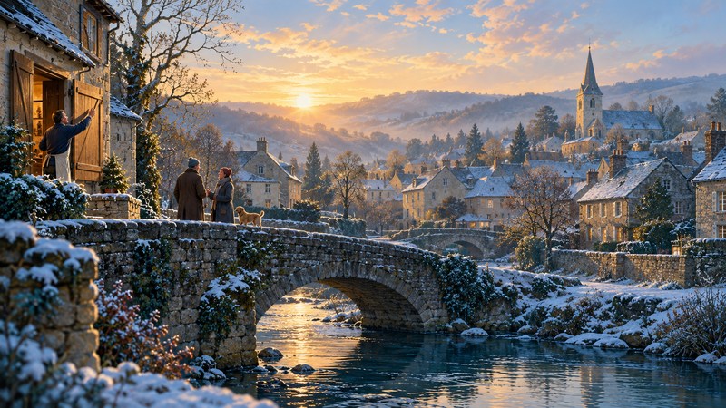 A quiet town at winter dawn, with a shopkeeper opening shutters and neighbors greeting one another near a stone bridge.