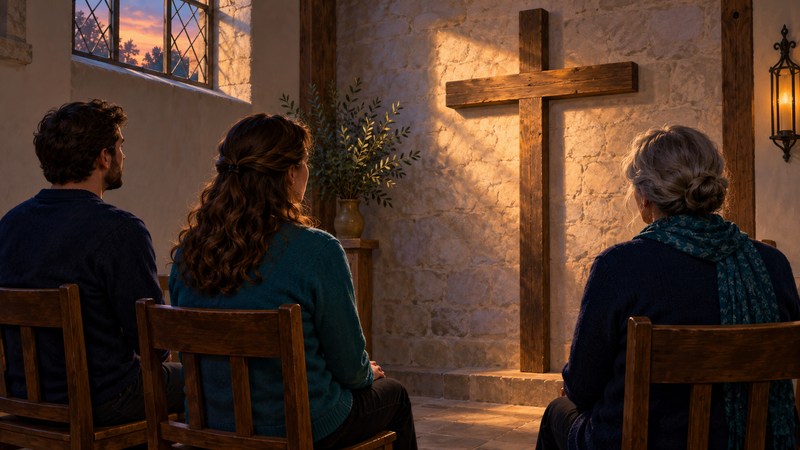 Three adults sit in wooden chairs facing a large wooden cross in a softly lit stone chapel.