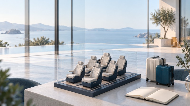 A conceptual six-seat cabin exhibit in three pairs beside luggage and an open notebook.