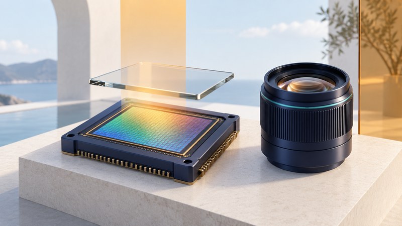 An enlarged conceptual image sensor, floating glass layer and camera lens on an ivory platform.