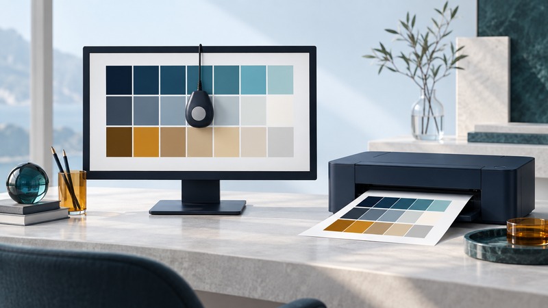 A navy display and printer beside image samples, paper and translucent color-profile elements.
