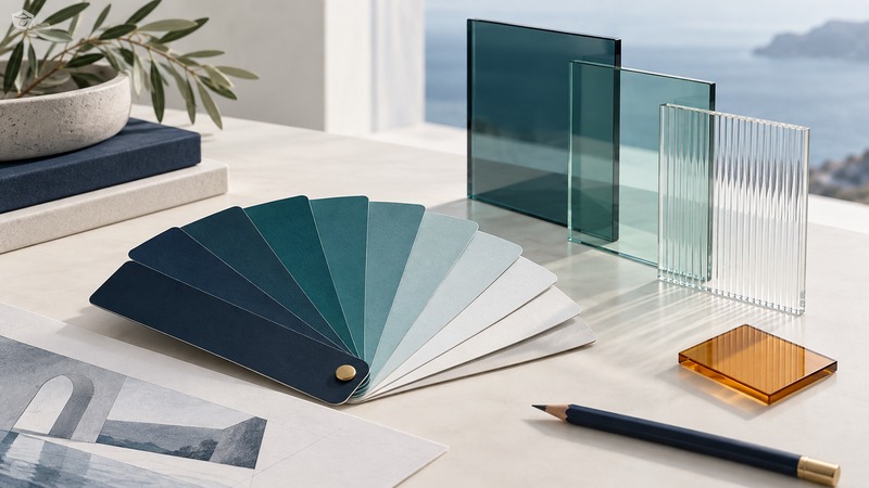 Teal and ivory color swatches arranged beside translucent comparison panels and an open design brief.