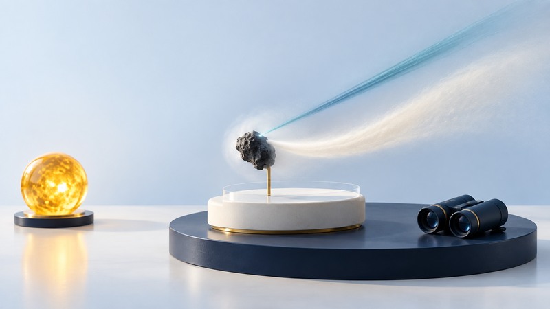 A comet exhibit has a dark nucleus, two pale tails extending away from an amber Sun model, and binoculars on a navy plinth.