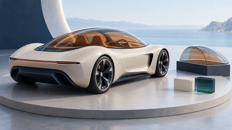 Illustrated ivory sports-coupe design study with a clear canopy, amber cabin and separate material samples.