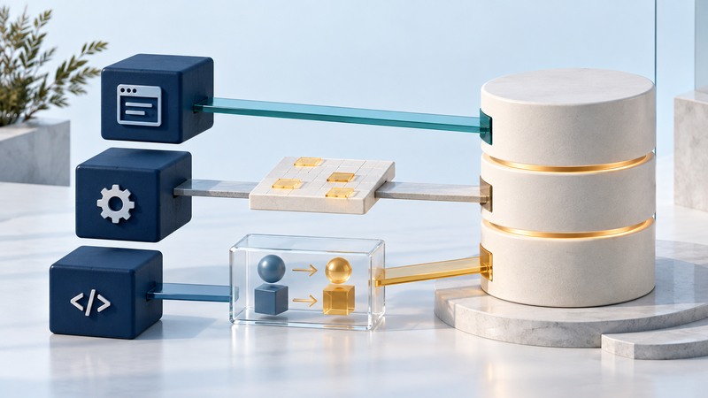 Three distinct bridges connect navy application blocks through direct, grid and object-mapping paths to an ivory database.