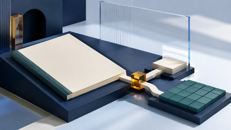 A blank ivory contract on a navy plinth branches toward an ivory repayment block and teal ownership tiles, with an amber prism at the junction.