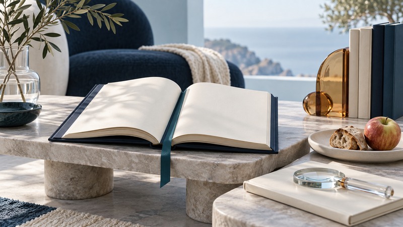 An open blank navy novel and notebook sit beside a magnifying lens, bread, and an apple on an ivory reading table.