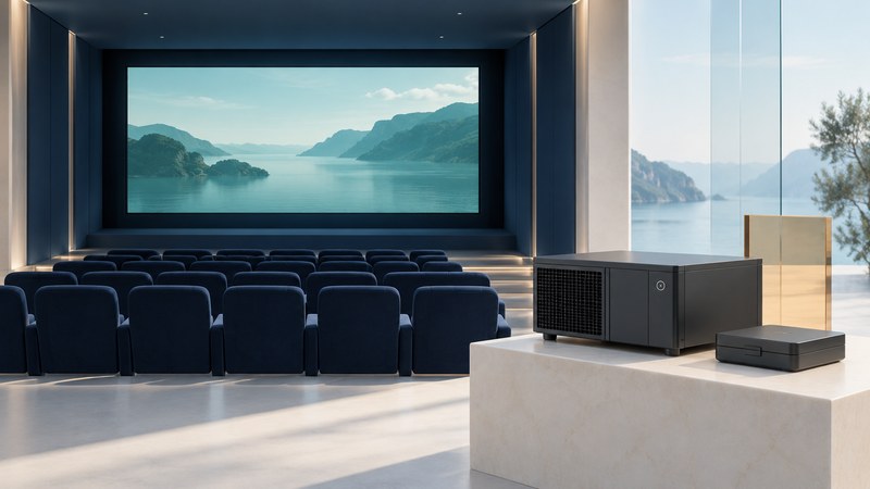 A conceptual empty cinema with navy seats faces a wide screen, with a server and delivery drive on a foreground plinth.