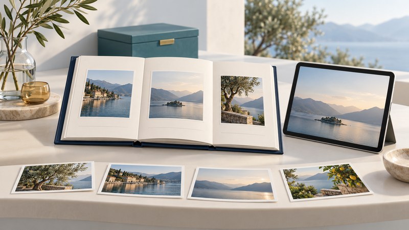 An open photo album, a tablet, landscape prints and a teal storage box on a pale desk.