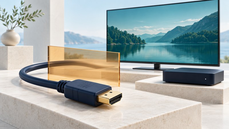 An HDMI cable connector rests beside a television, media box and amber glass panel.