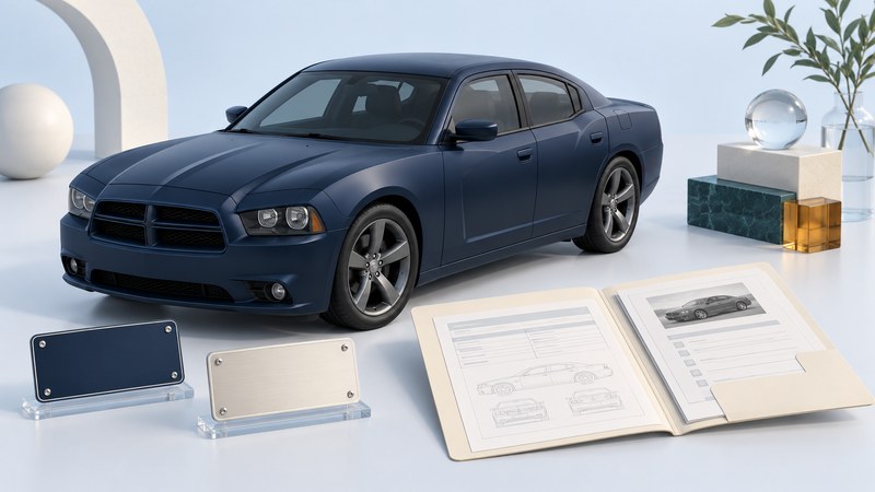 Navy four-door sedan model beside two blank edition plates and an open document folder.