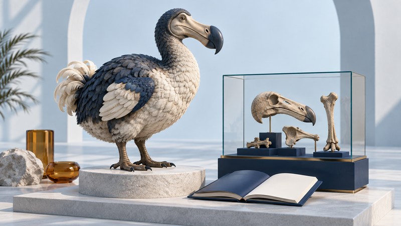 Artistic dodo model beside stylised bone casts in a glass display and a blank notebook.