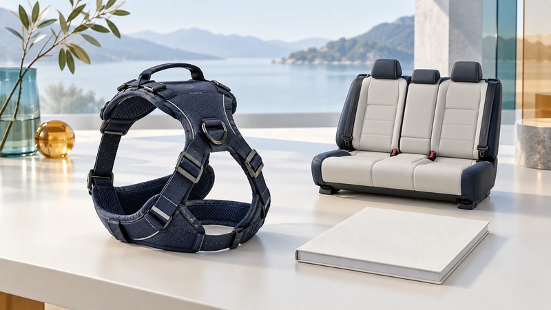 An empty padded harness displayed separately from a miniature rear seat and a blank manual.