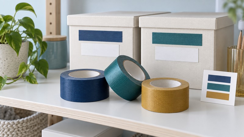 Navy, teal, and ochre tape rolls sit beside storage boxes with colored strips and blank white label areas.