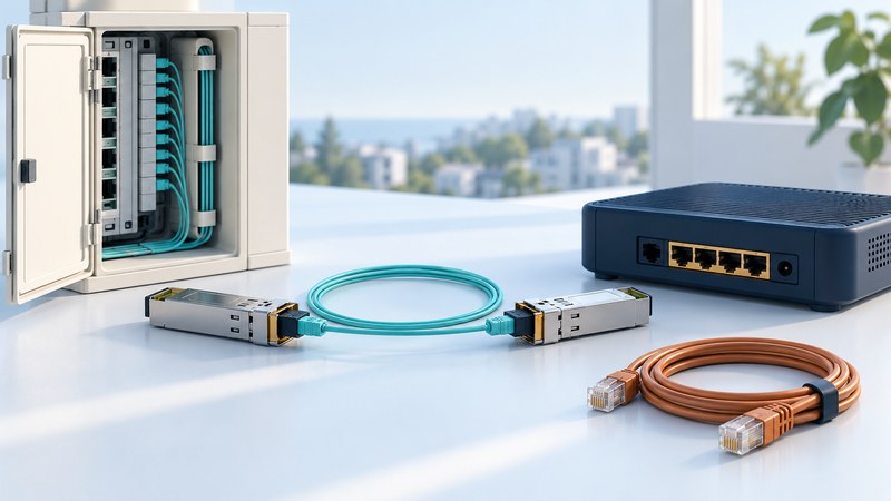 A pair of optical transceiver modules and teal fiber sit beside an amber copper Ethernet lead, an ivory access cabinet and a navy network device.