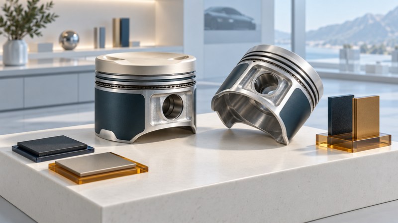 Two aluminum pistons with contrasting crown and skirt surfaces beside coating samples.