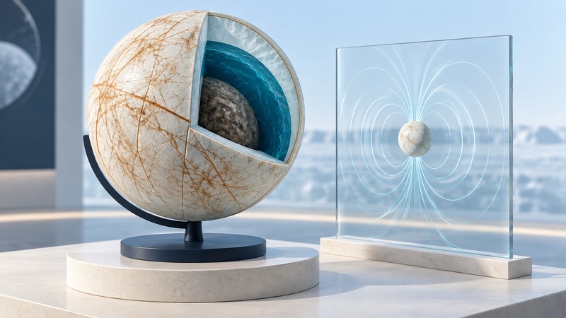 A fractured ivory Europa globe is cut away to show ice, a teal ocean and rock beside an abstract magnetic-field panel.