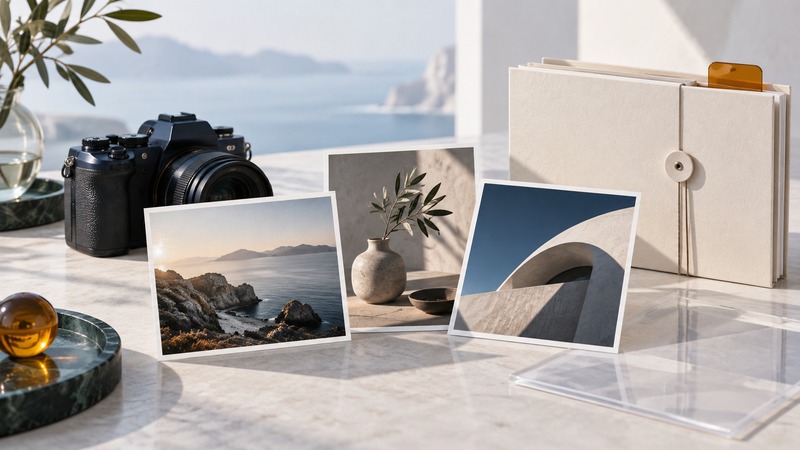 Photographic image cards and a camera beside an ivory records folder and translucent glass elements.