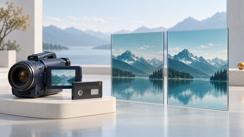 A tape camcorder and cassette stand beside conceptual glass panels showing a mountain scene and horizontal scan lines.