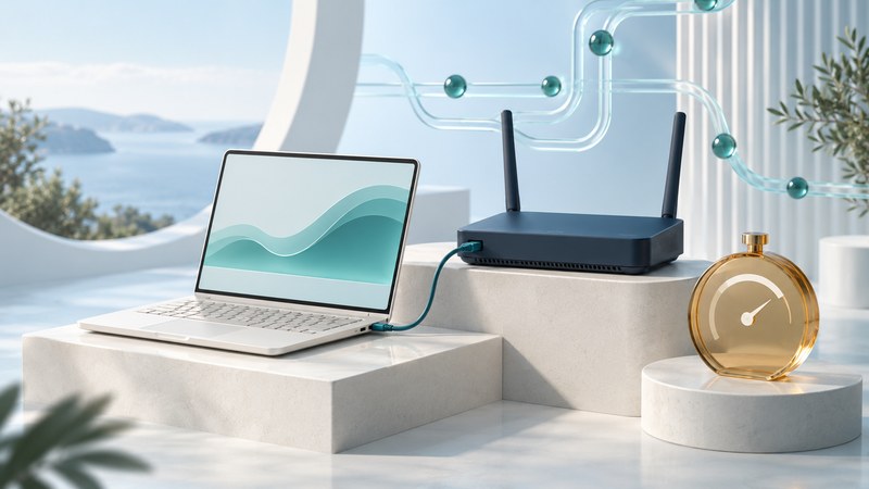 A laptop connects to a navy router beside an amber stopwatch and glass network paths.