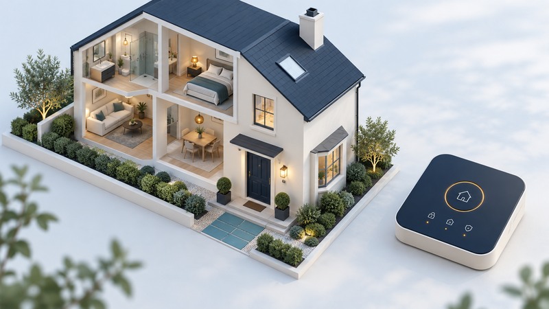 An ivory cutaway house with a closed navy door, porch lighting, teal path and a separate alarm-control model.