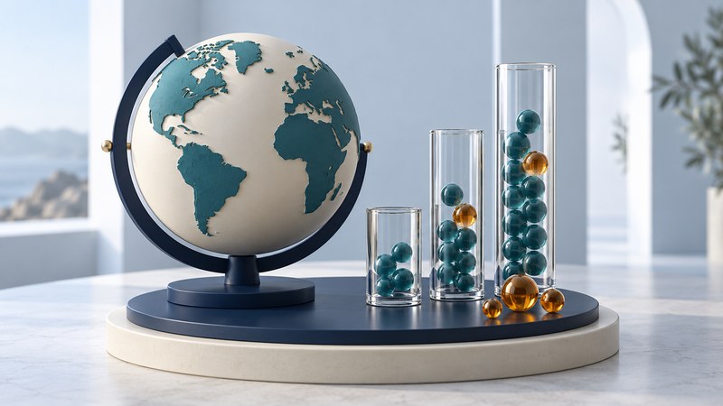 An ivory and teal globe stands beside glass columns containing teal and amber spheres.