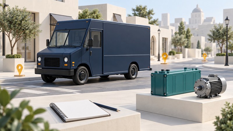 An unbranded navy delivery van sits on a miniature urban route beside a separate teal battery and motor display.