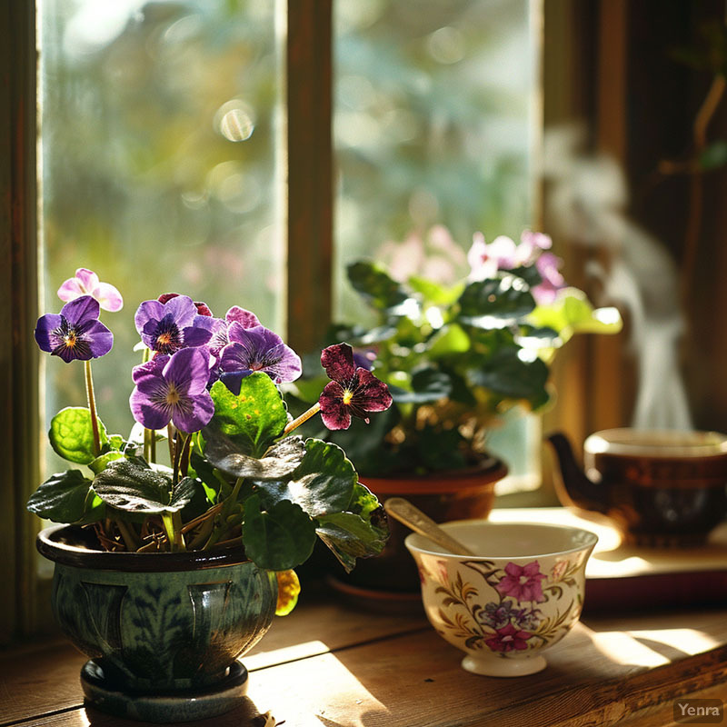 African Violets in a Quaint Windowsill Garden