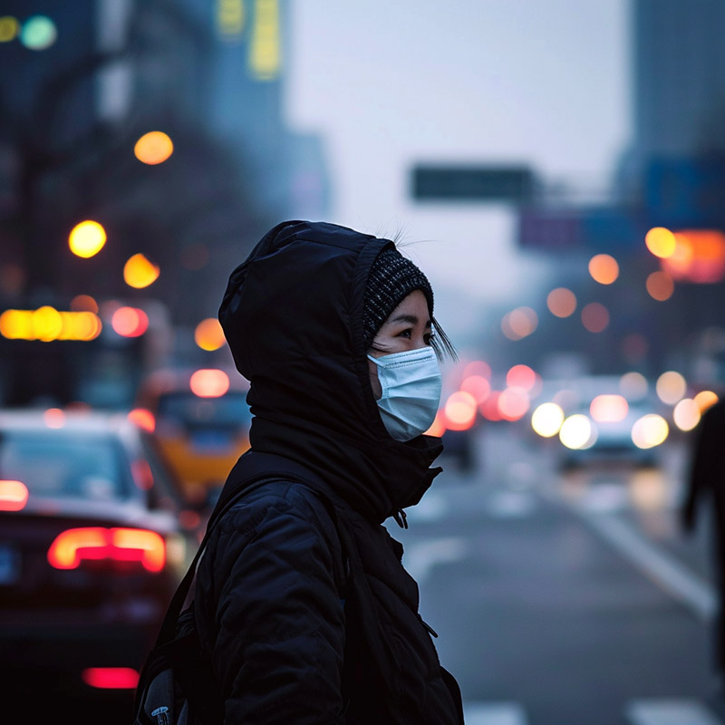 Person Wearing a Mask in a Polluted City