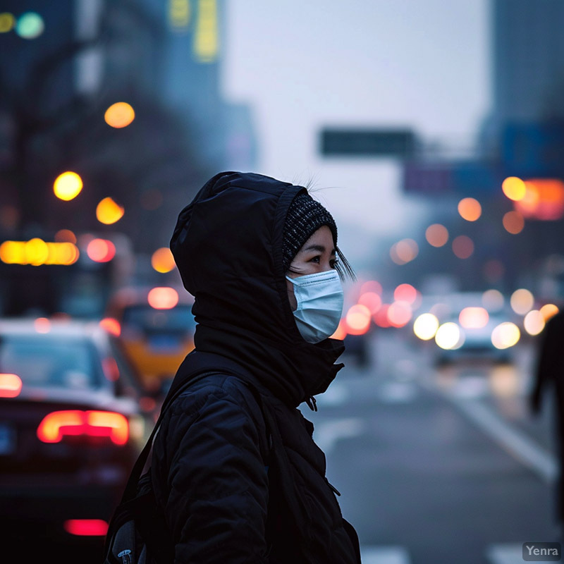 Person Wearing a Mask in a Polluted City