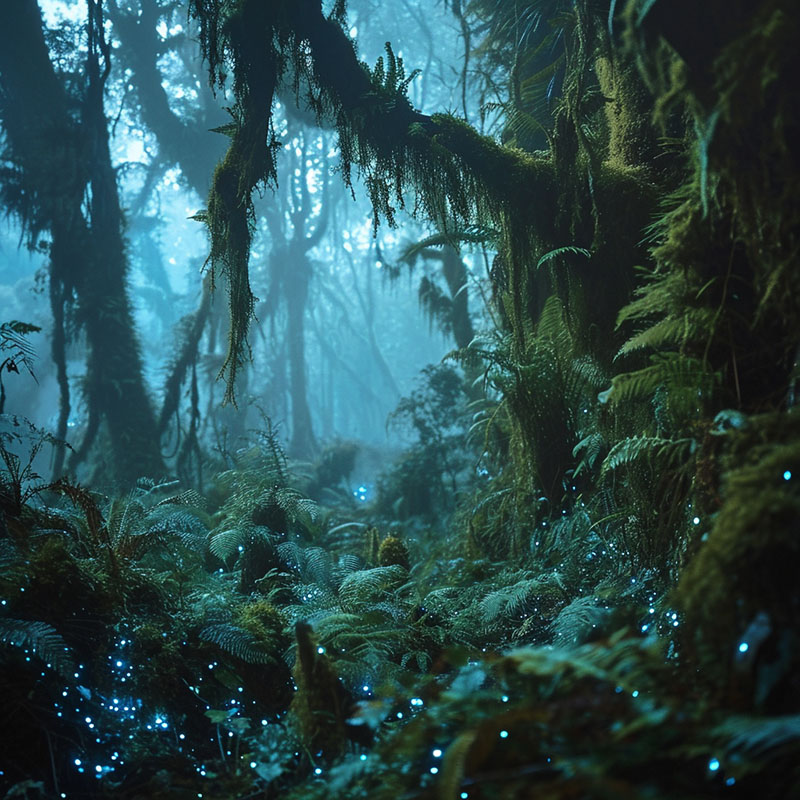 Nighttime in a Cloud Forest with Bioluminescent Fungi