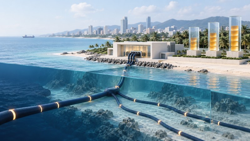 An ivory coastal cable landing station sits above a conceptual glass cutaway of teal submarine cables and three clear capacity columns.