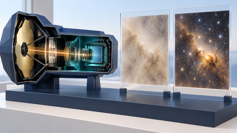 A navy infrared instrument model with a teal detector chamber stands beside two glass views of stars and dust.