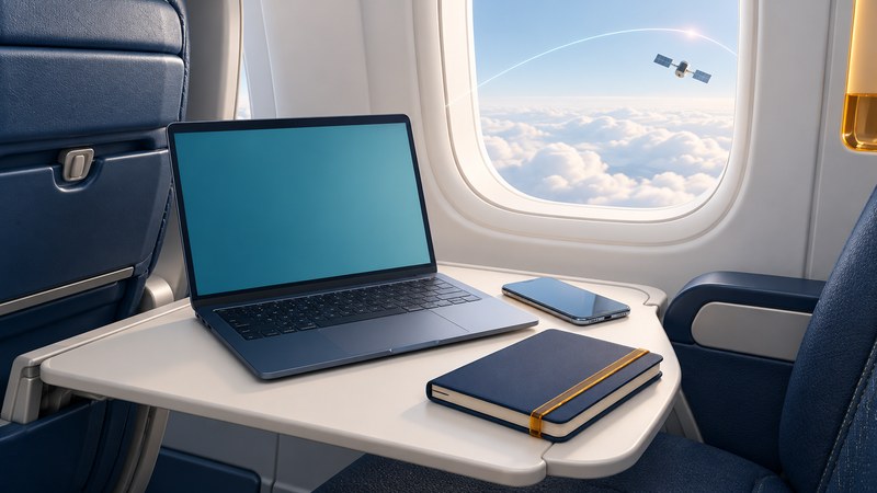 A laptop, phone and notebook rest on an airline tray beside a window and a conceptual satellite.