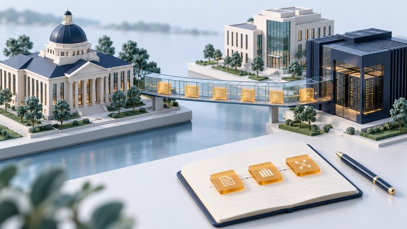 Two ivory university buildings share amber data objects across glass bridges with a navy computing cluster and a research notebook.
