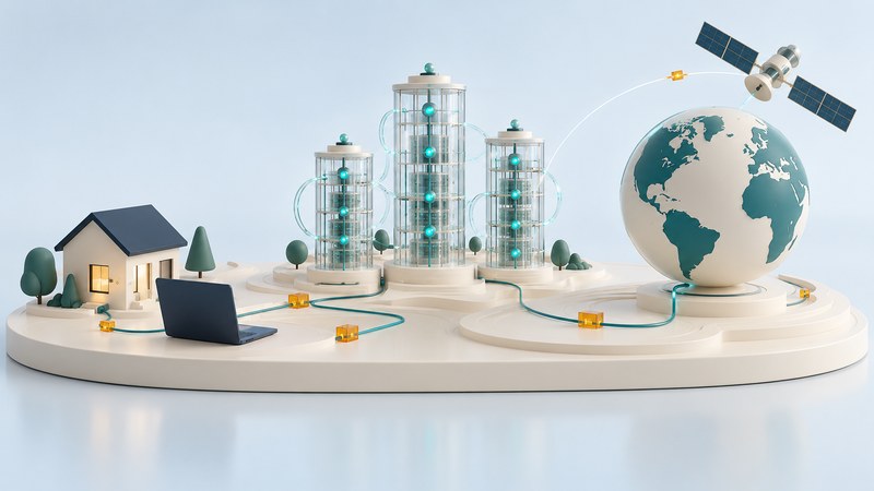A miniature house and laptop connect through glass network towers to a globe and satellite.