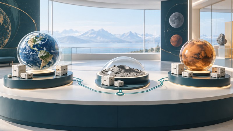 Earth, lunar terrain and Mars display models are connected by schematic paths beside cargo containers.