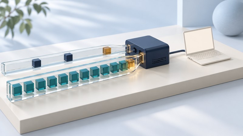 Two glass channels carrying address blocks lead into a navy gateway and an ivory laptop.